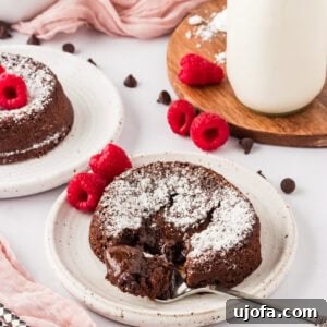 A gluten-free chocolate lava cake on a white plate, dusted with powdered sugar, surrounded by fresh raspberries and chocolate chips. A fork reveals the gooey chocolate center. A pink cloth and a bottle of milk in the background add a soft touch.