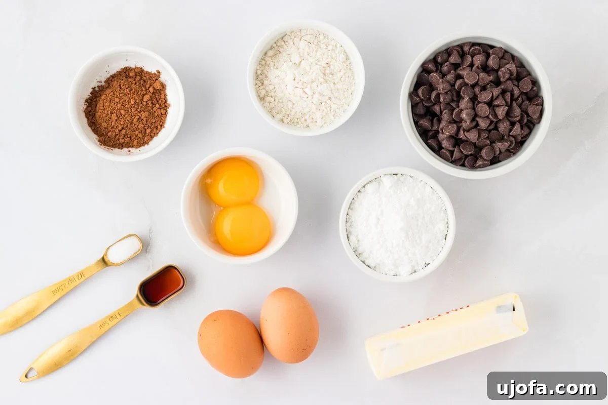 Molten Gluten Free Chocolate Bliss 4 All the ingredients for gluten-free chocolate lava cake laid out on a kitchen counter, including chocolate chips, butter, eggs, vanilla, salt, powdered sugar, gluten-free flour, and cocoa powder.