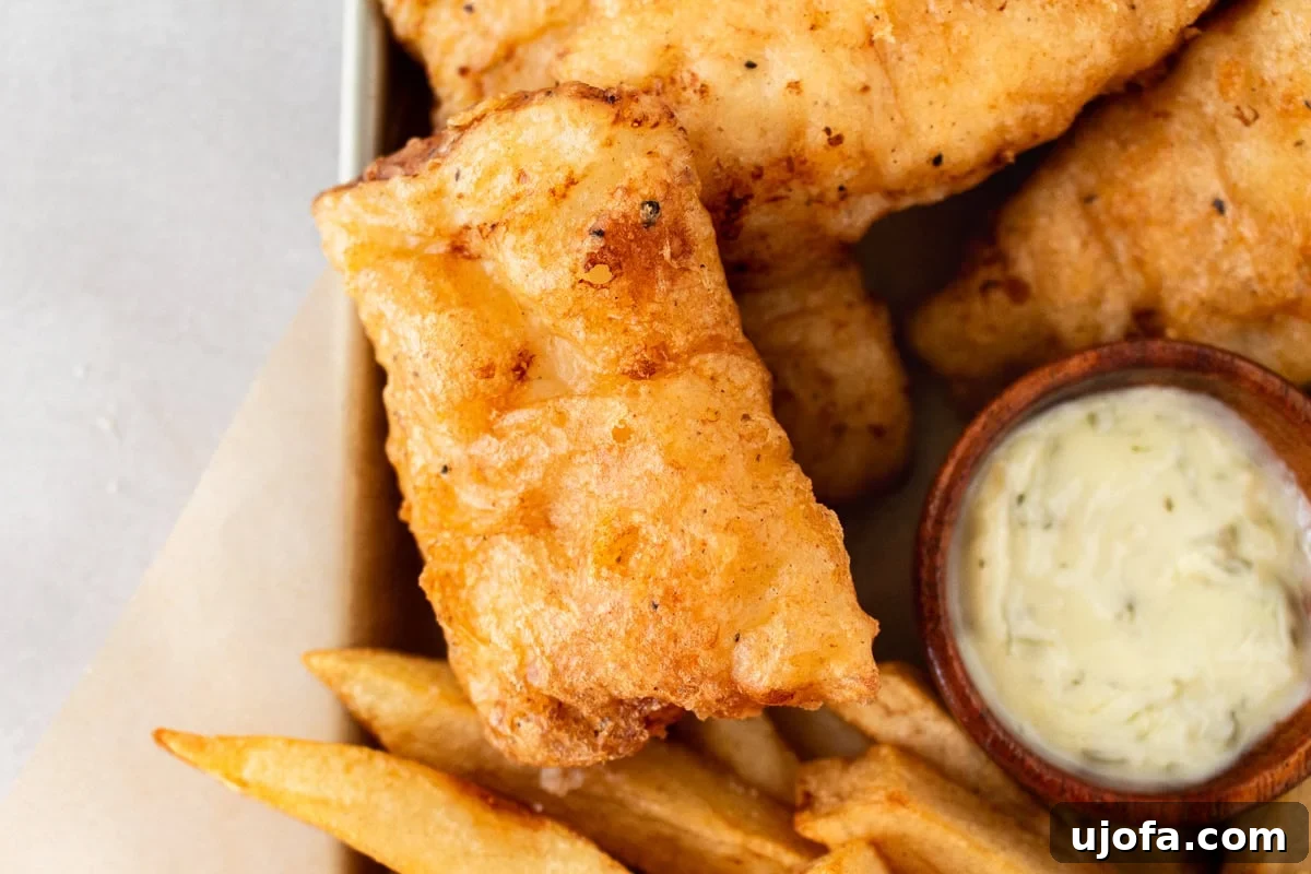 closeup of crispy battered gluten-free fish surrounded by golden fries on a parchment-lined tray with a ramekin of tartar sauce.
