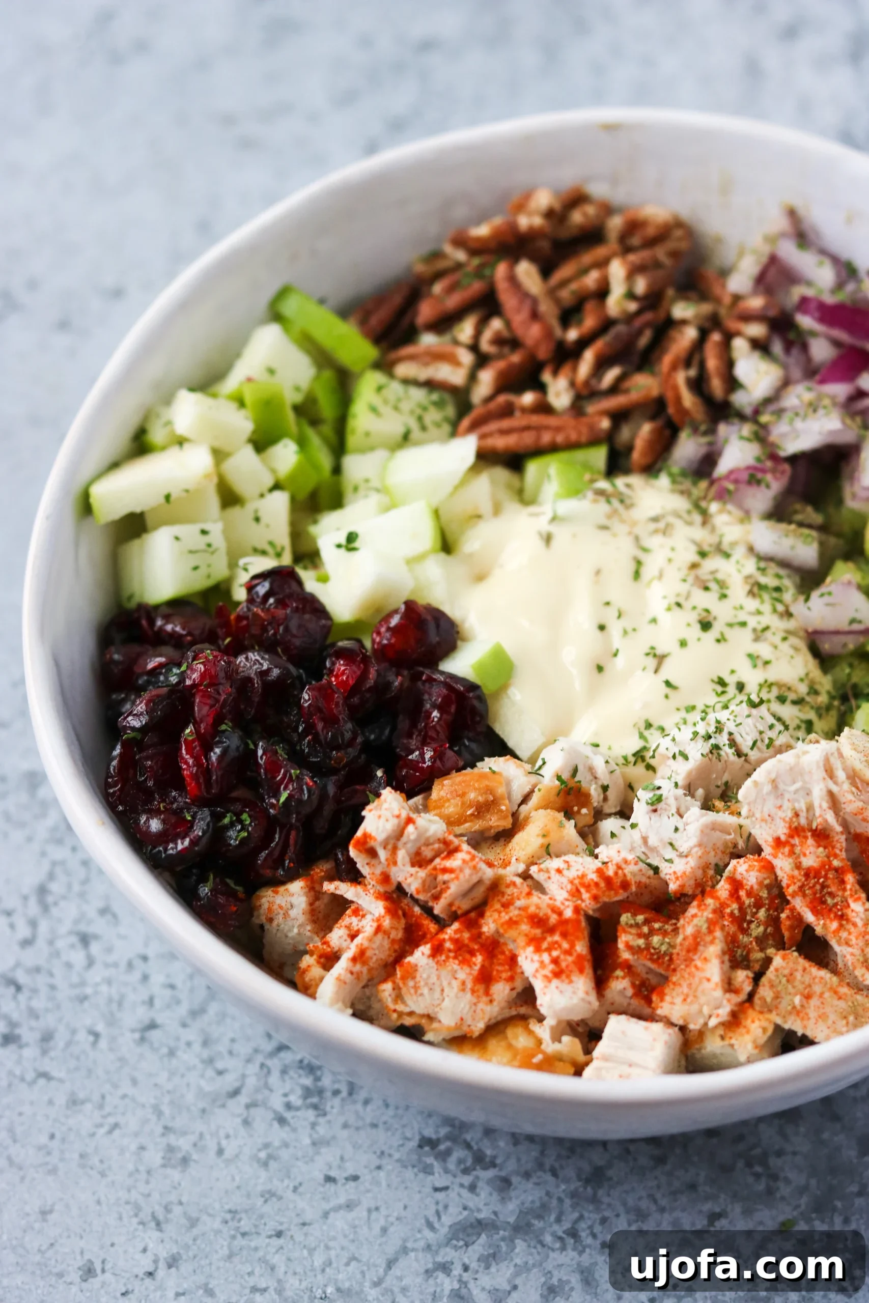Protein-Packed Cranberry Pecan Chicken Salad 4 Prepared ingredients for pecan cranberry chicken salad neatly arranged in a white mixing bowl, ready to be combined.