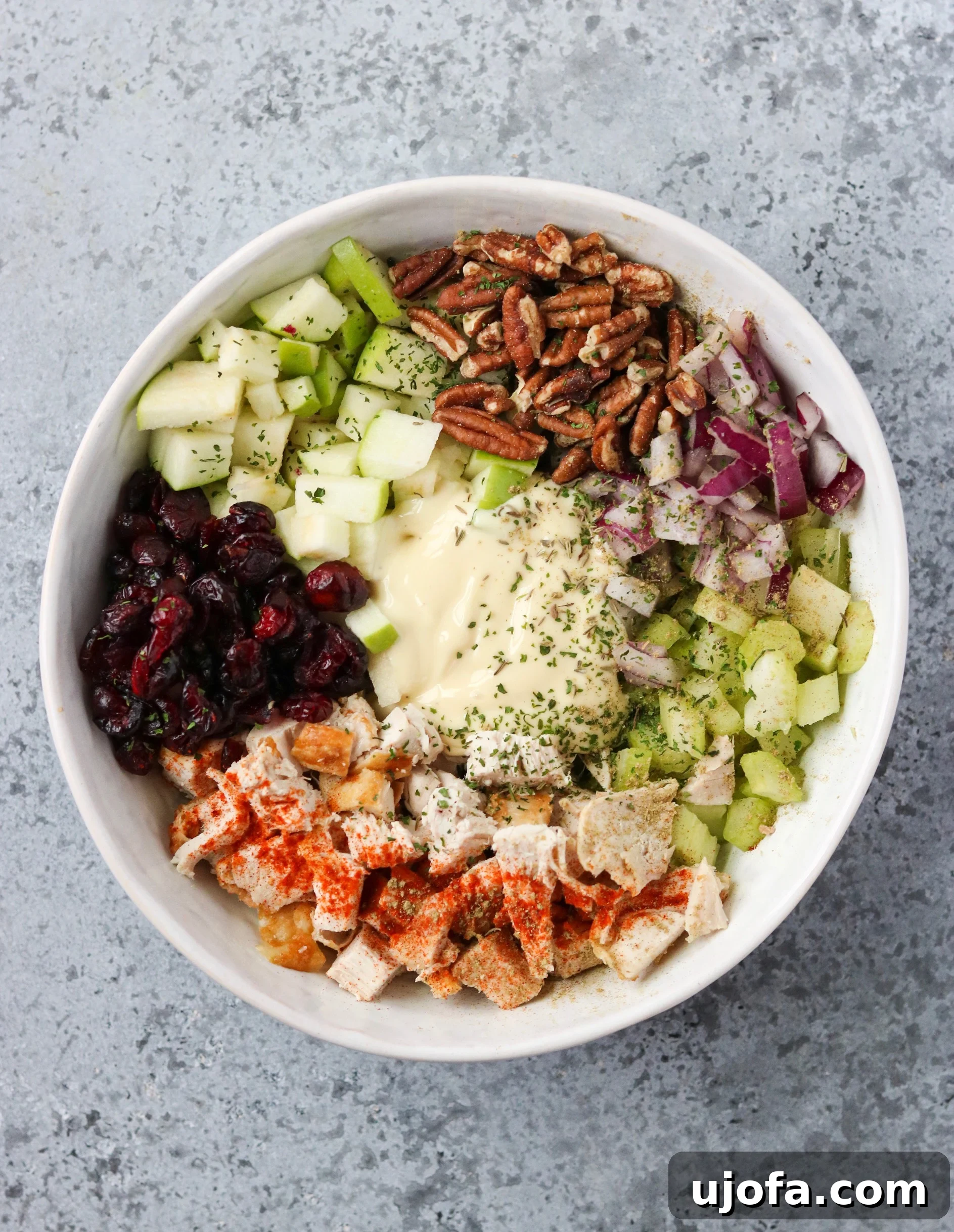 Protein-Packed Cranberry Pecan Chicken Salad 5 The finished cranberry pecan chicken salad mixture in a large white bowl, showing its creamy texture and colorful ingredients.