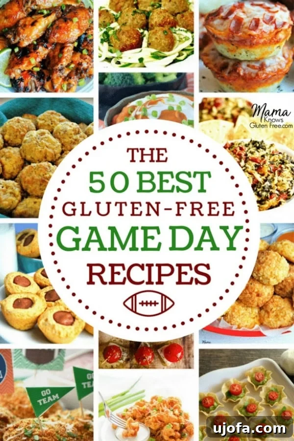 collage of 12 gluten-free appetizers with a white circle in the center with the best 50 gluten-free game day recipes on it