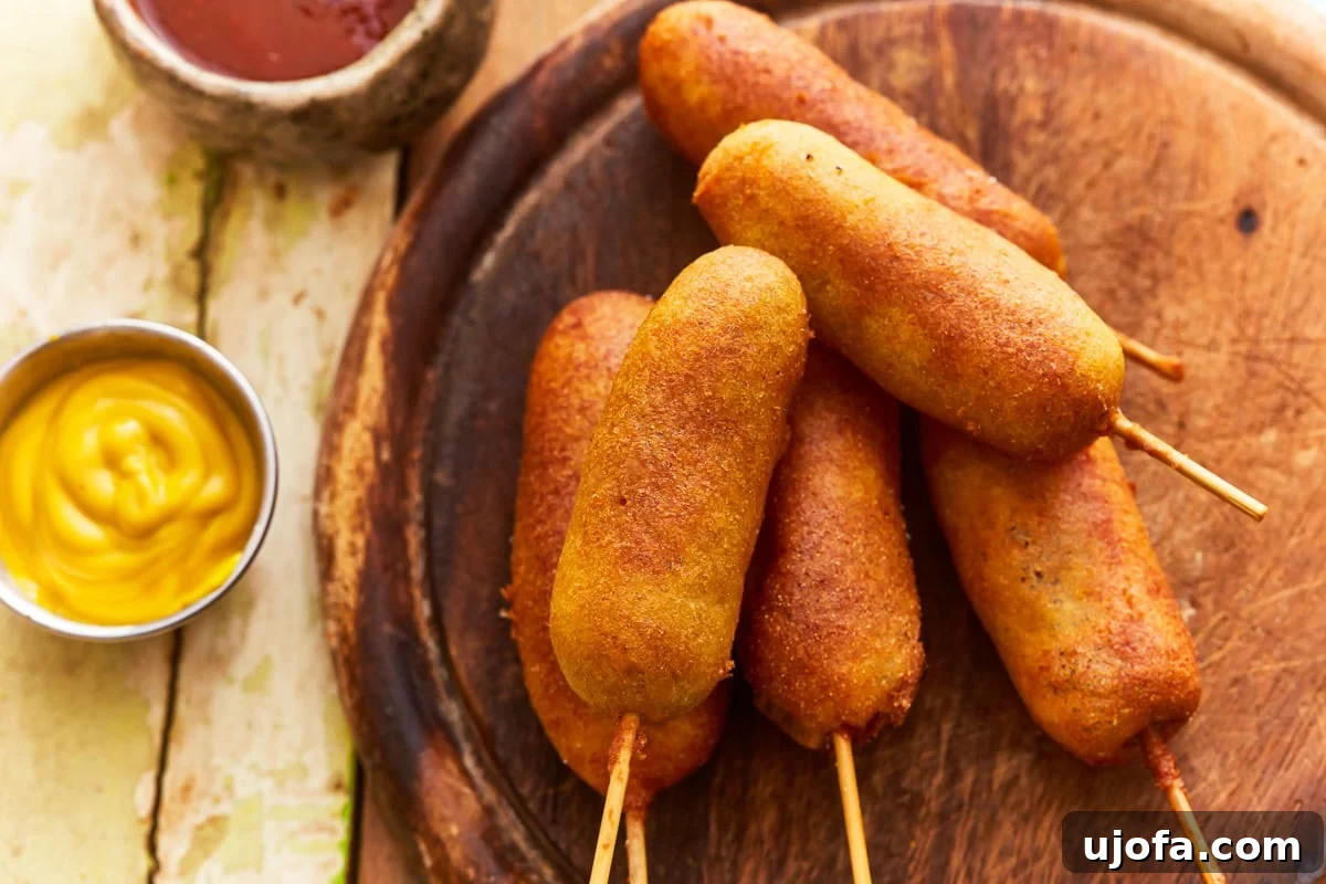 overhead view of gluten-free corn dogs on a wood plate.