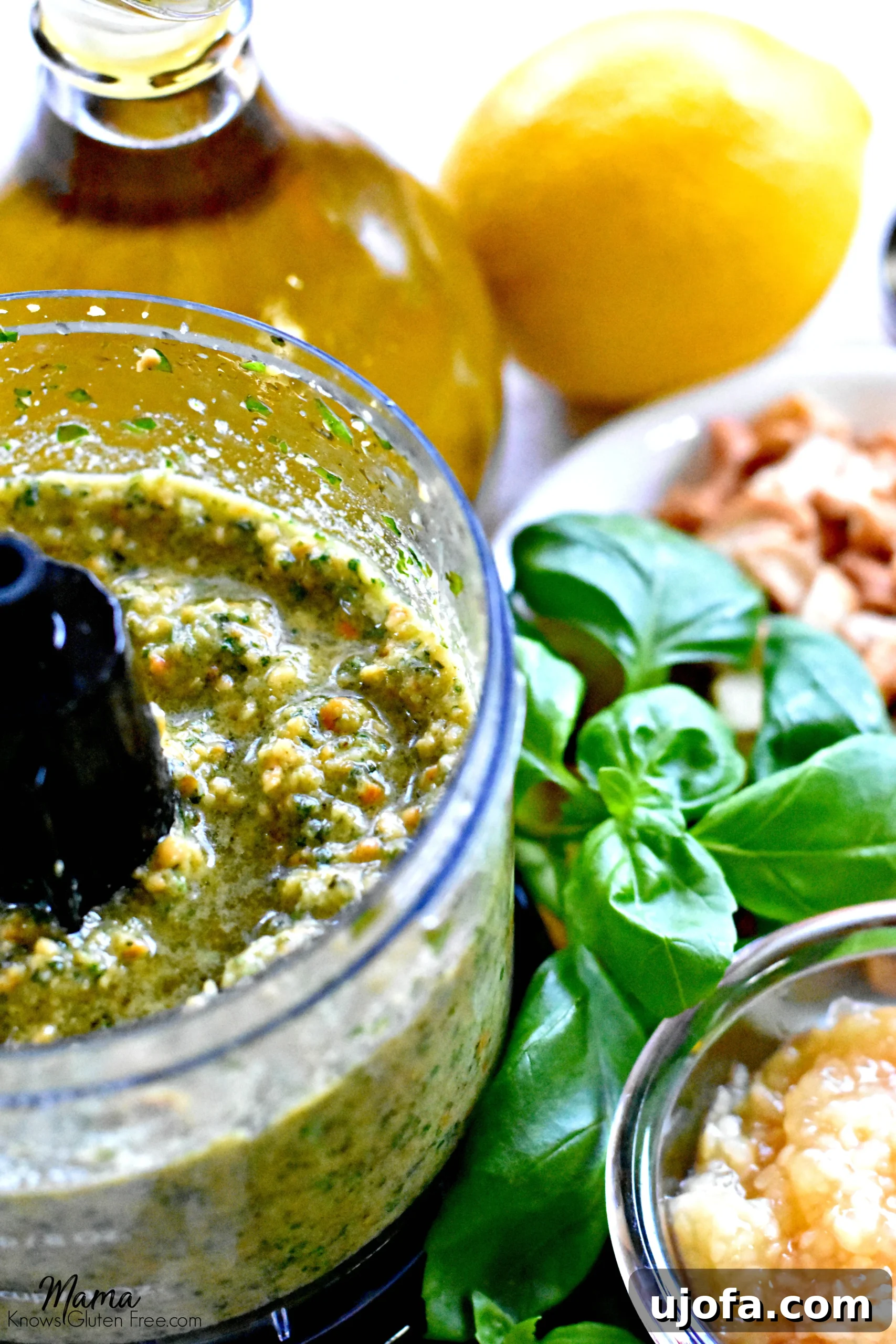 Paleo Pesto Sauce Ingredients: Fresh basil, garlic, cashews, lemon juice, olive oil ready for blending