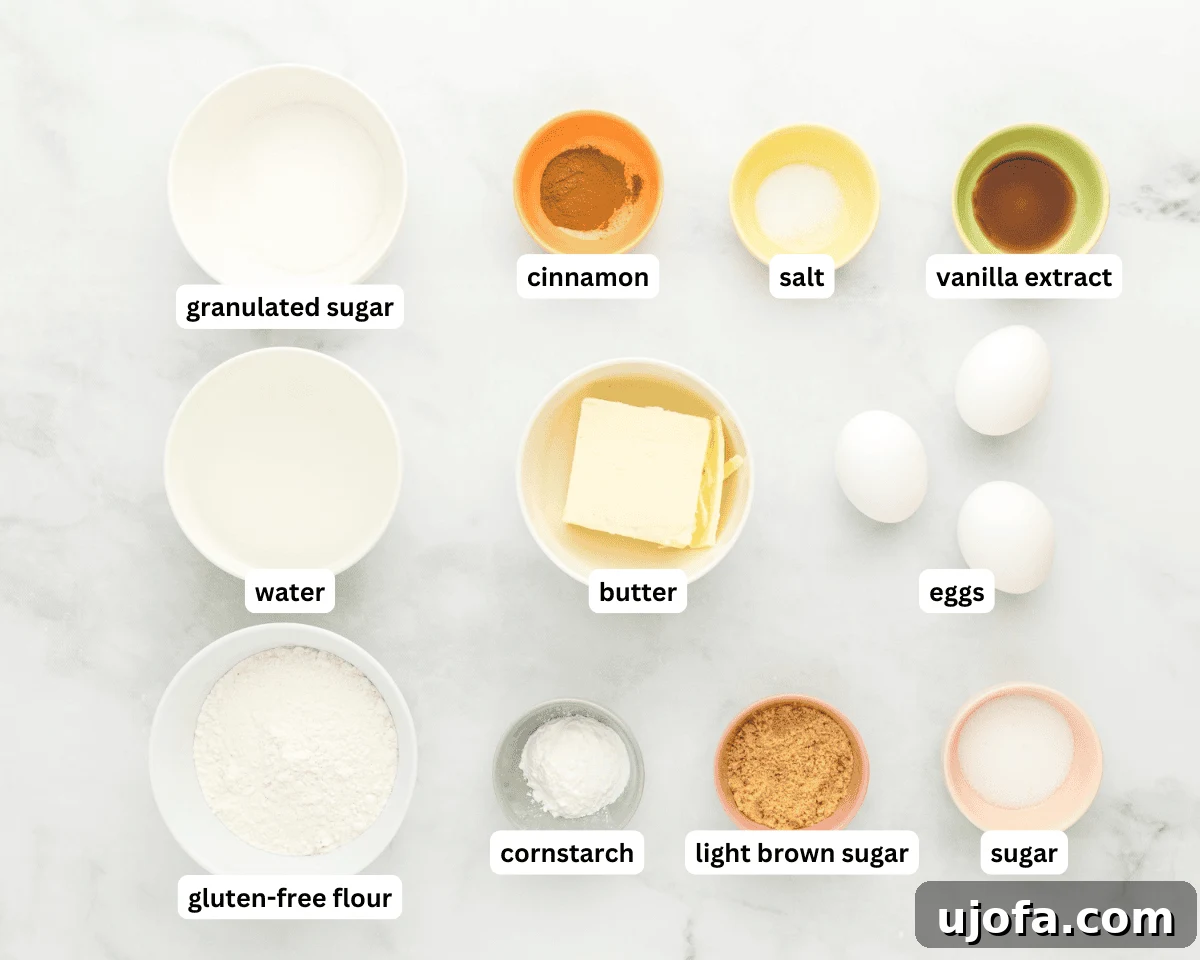 Delectable Gluten-Free Churros 4 A comprehensive flat lay of all necessary gluten-free churro ingredients, including flour, butter, sugars, eggs, and spices.