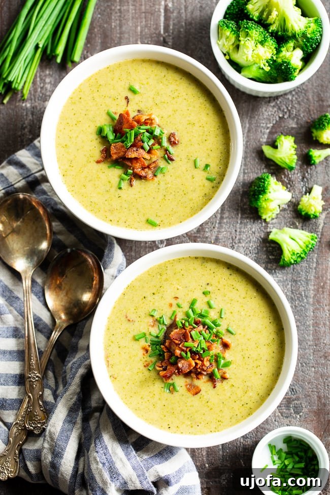 Paleo Whole30 Creamy Broccoli Soup with crispy bacon bits.