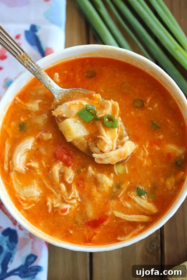 Whole30 Buffalo Chicken Chowder, a spicy and creamy dairy-free soup.