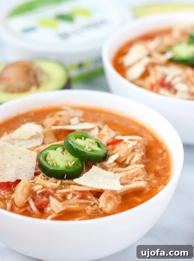 Creamy Whole30 Chicken Tortilla Chili, dairy-free and packed with flavor.
