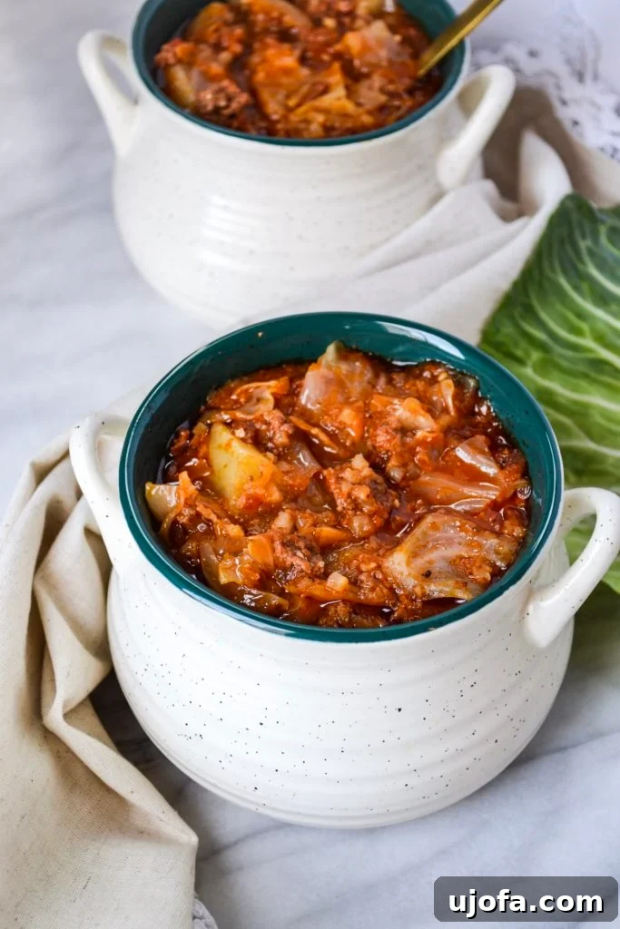 Instant Pot Unstuffed Cabbage Soup, a hearty Whole30 meal with ground meat and cabbage.