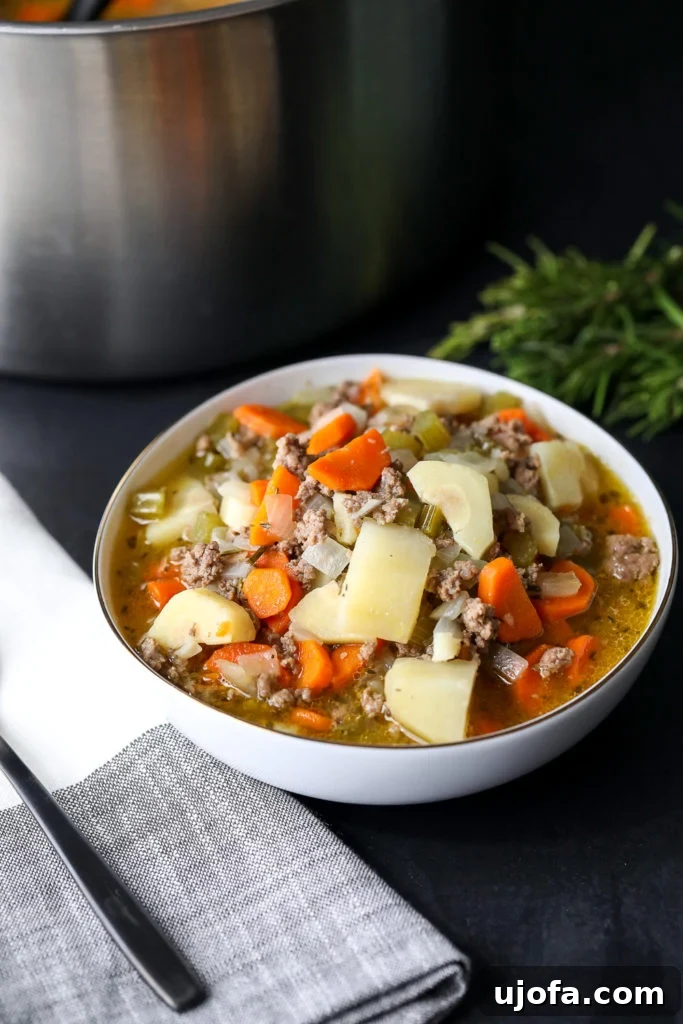 Whole30 Shepherd's Pie Soup, a deconstructed classic with ground meat and creamy topping.