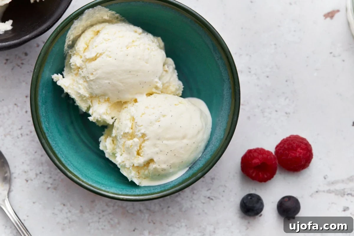 Keto Frozen Delights 11 Two bowls of keto vanilla ice cream surrounded by a spoon, fresh berries, and a scoop of ice cream on the table. A jar of whipped ice cream base is visible in the background.
