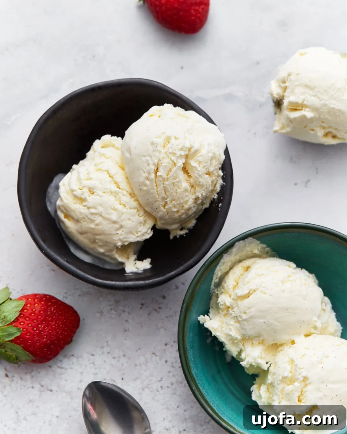 Keto Frozen Delights 5 Two bowls of keto vanilla ice cream, one black and one teal, placed side by side. A fresh strawberry and scattered berries sit on a light background alongside a spoon.