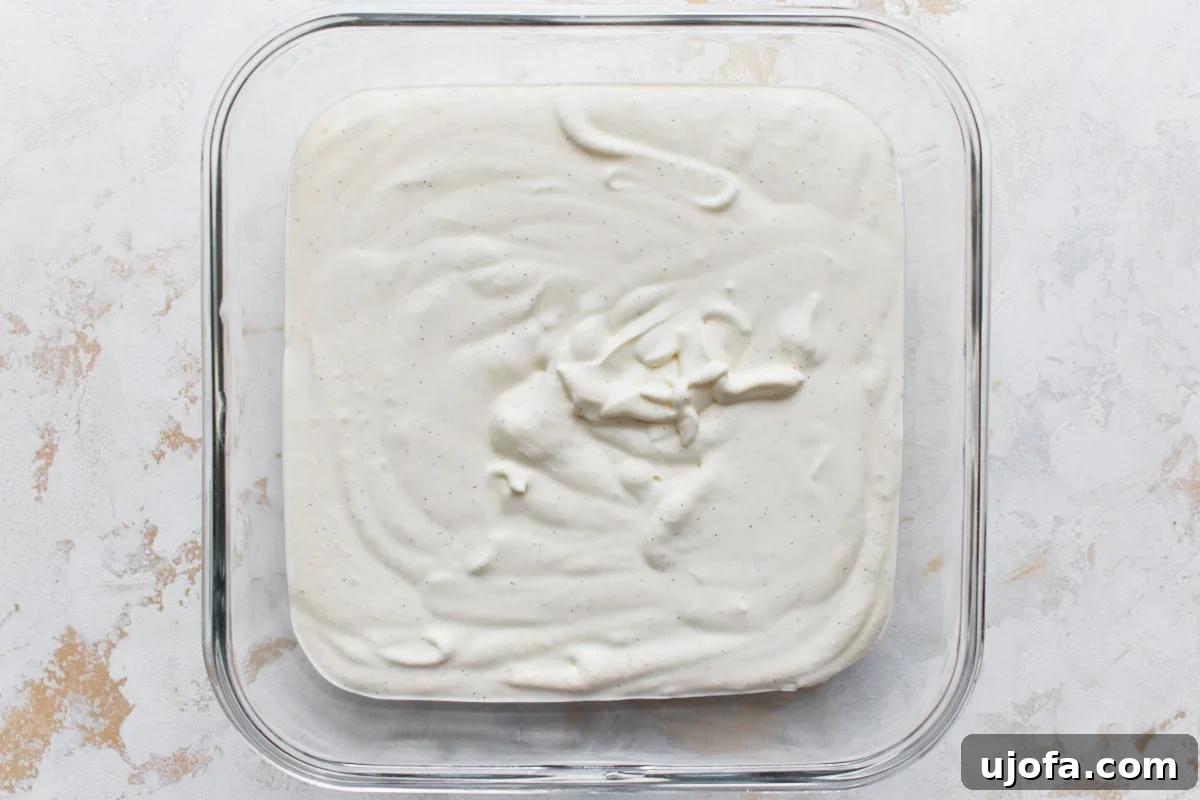 Keto Frozen Delights 9 A rectangular glass container filled with the prepared keto ice cream mixture, smoothed evenly across the surface before freezing.