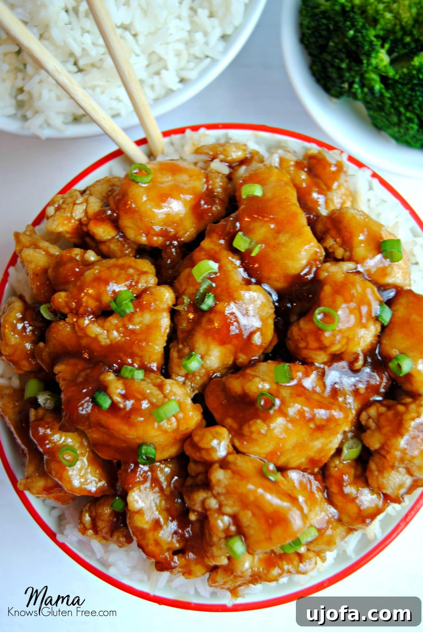 Wholesome Gluten and Dairy-Free Apricot Chicken 2 A vibrant bowl of gluten-free apricot chicken, ready to be enjoyed with chopsticks, complemented by a background of fluffy rice and fresh broccoli.