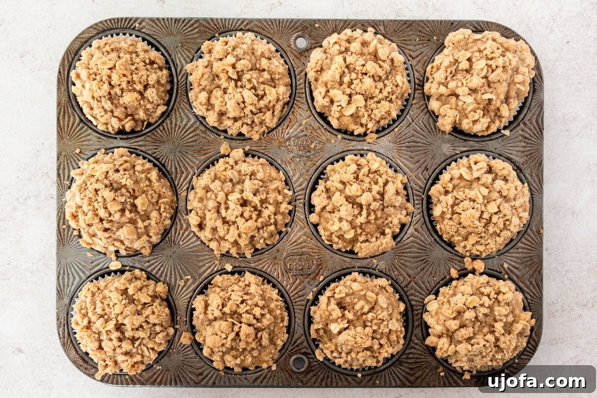 Overhead view of freshly baked banana oatmeal muffins with golden, crumbly streusel topping still in the rustic muffin tin.
