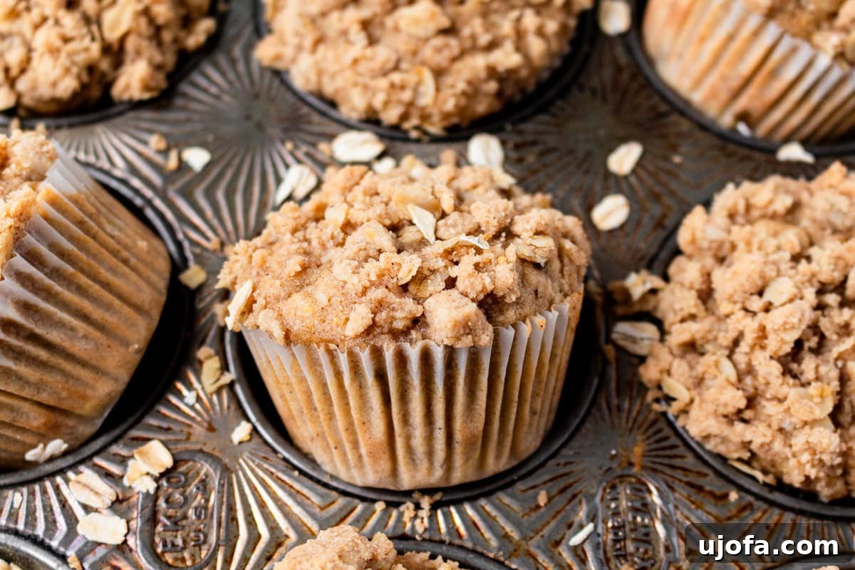 Close-up of a single banana oatmeal muffin in a muffin tin, showcasing its golden-brown crumbly oat streusel topping with scattered oats around.