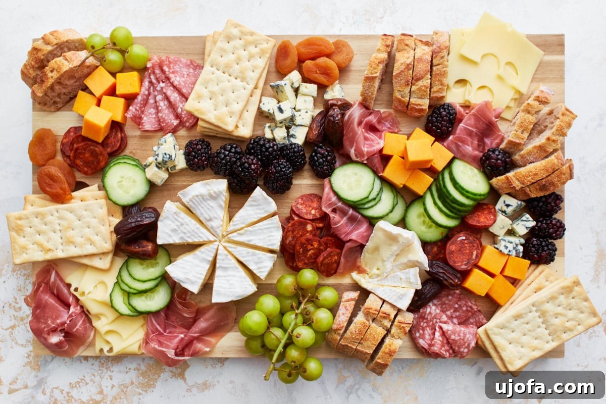 Gourmet Gluten-Free Charcuterie 9 A visually appealing gluten-free charcuterie board with the addition of fresh fruits, vegetables, and dried fruits, arranged alongside cheeses, meats, and crackers.
