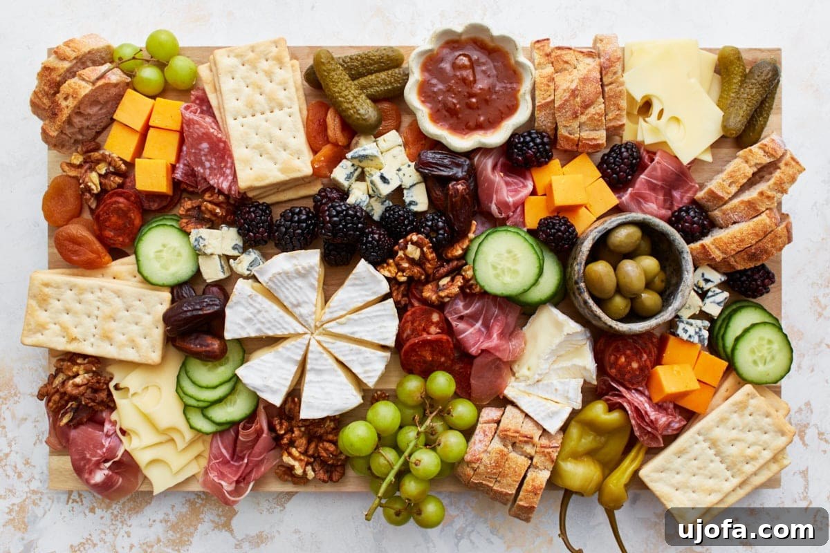 Gourmet Gluten-Free Charcuterie 10 A finalized gluten-free charcuterie board with an artistic arrangement of green grapes, sliced bread, crackers, cheese, meats, and fresh produce. A small bowl of pickles and a ramekin of jam enhance the variety.