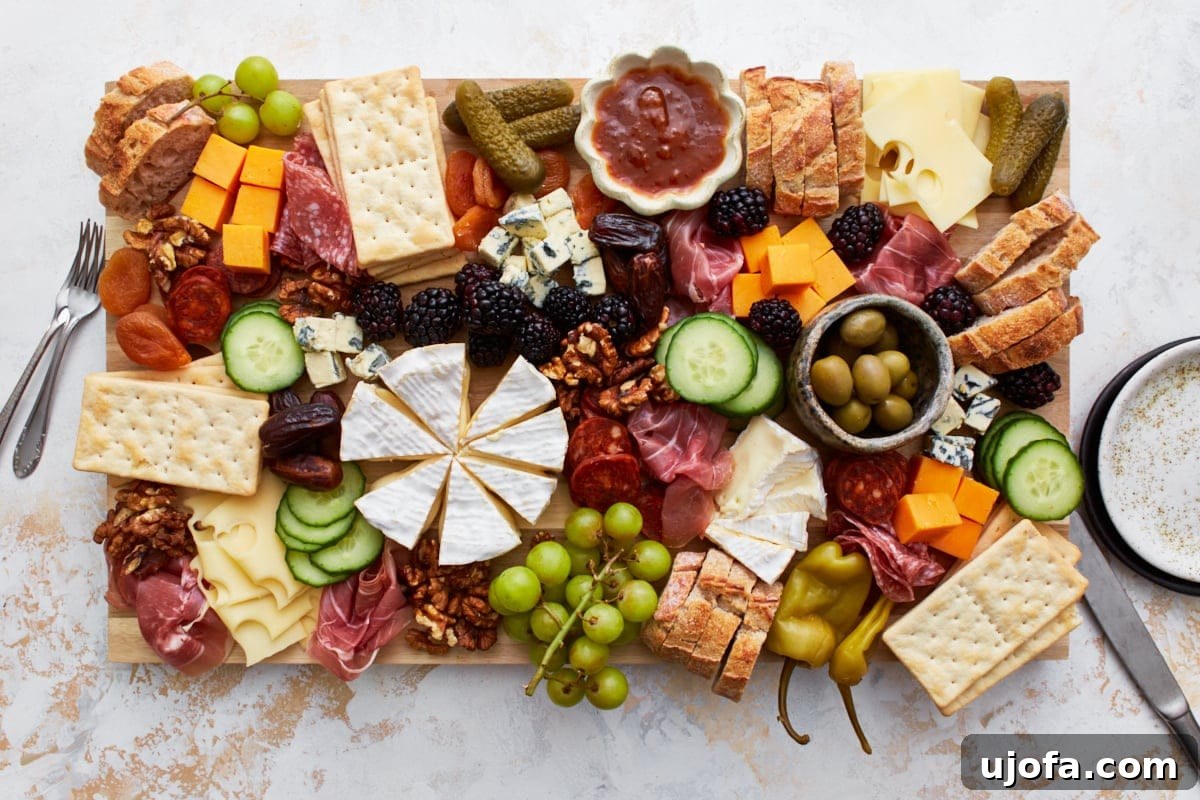 Gourmet Gluten-Free Charcuterie 11 A top-down view of the gluten-free charcuterie board featuring a balance of textures and colors from cheeses, fresh blackberries, cucumber slices, crackers, and olives.