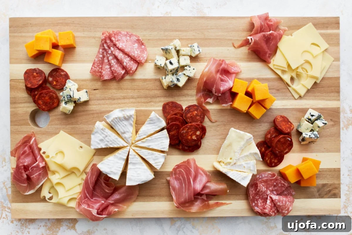 Gourmet Gluten-Free Charcuterie 7 A partially assembled charcuterie board with an assortment of sliced meats like salami and prosciutto placed alongside cheeses, showcasing the preparation process.