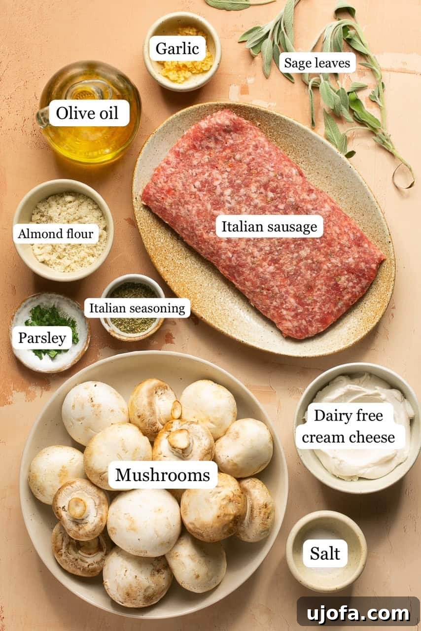 Recipe ingredients displayed in small labeled bowls, including sausage, mushrooms, cream cheese, garlic, and fresh herbs.