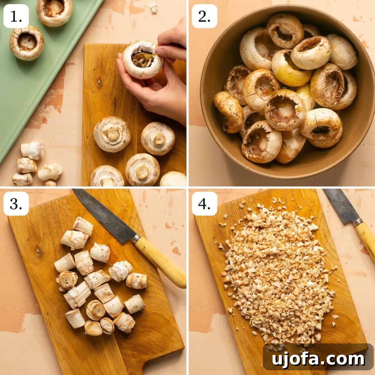 Step-by-step photos illustrating how to prepare mushroom caps for stuffing.
