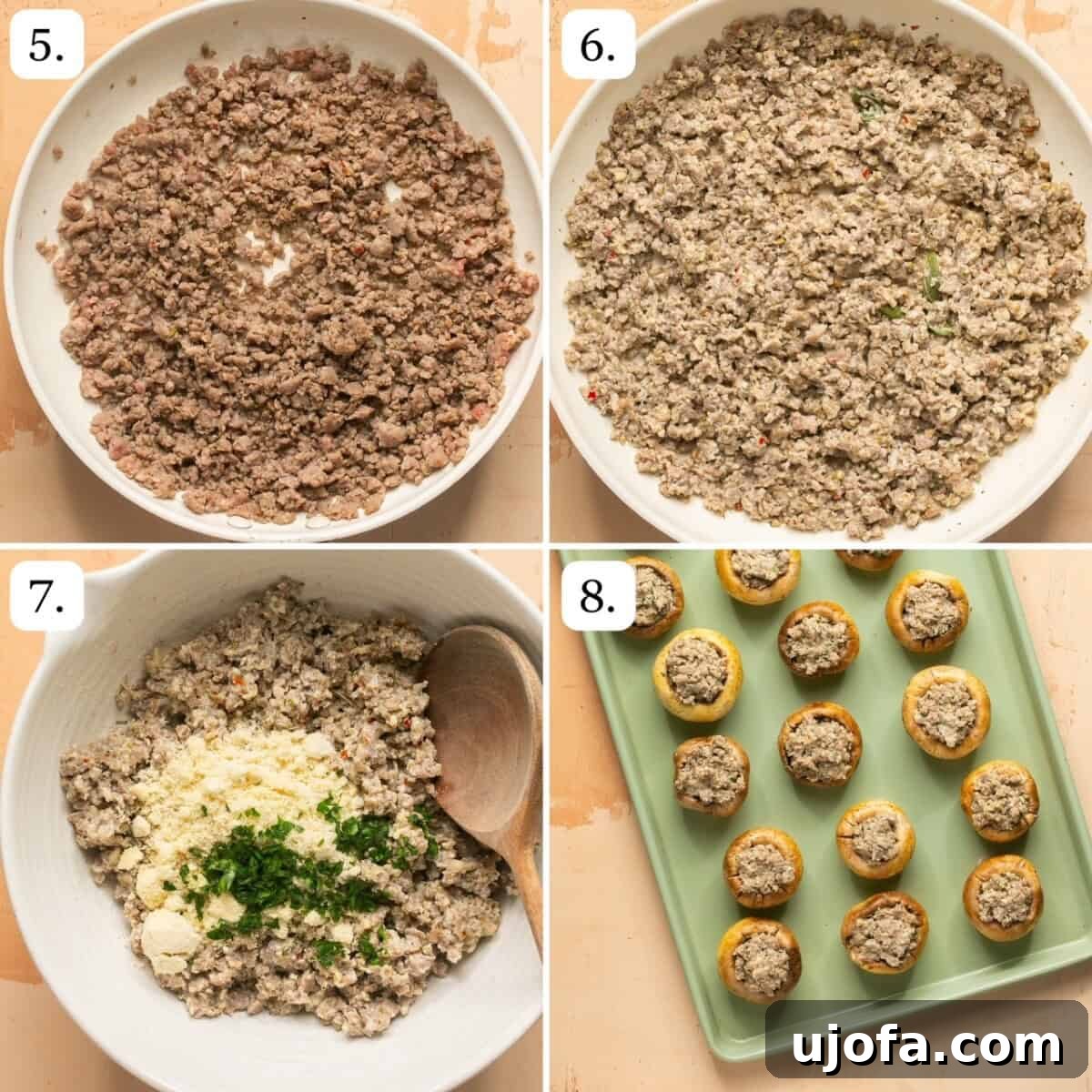 Numbered step-by-step photos showing the process of mixing the filling ingredients and stuffing them into mushroom caps.