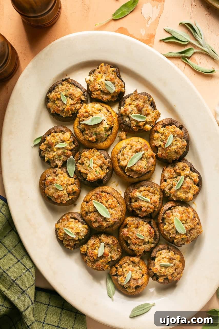 An overhead shot of golden-brown sausage stuffed mushrooms on a platter, elegantly topped with fresh sage leaves.