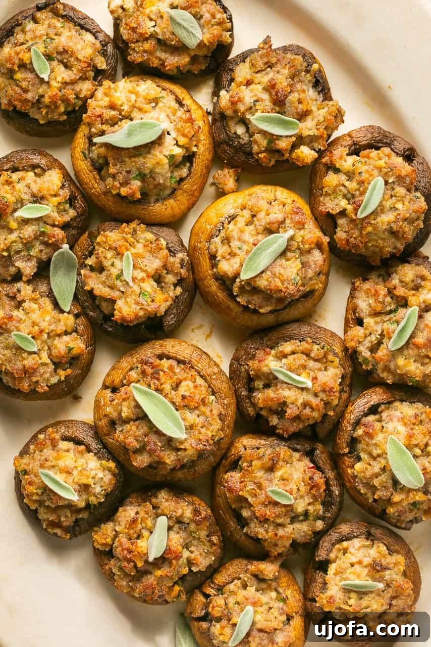 A close-up shot of a single sausage and cream cheese stuffed mushroom, garnished with fresh sage, ready to be enjoyed.