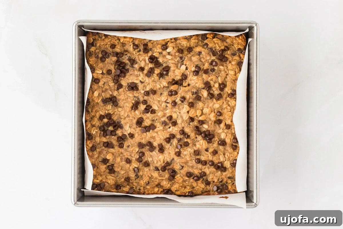 Golden Banana Oat Bars 13 A square baking pan lined with parchment paper containing baked banana oatmeal bars topped with melted chocolate chips.