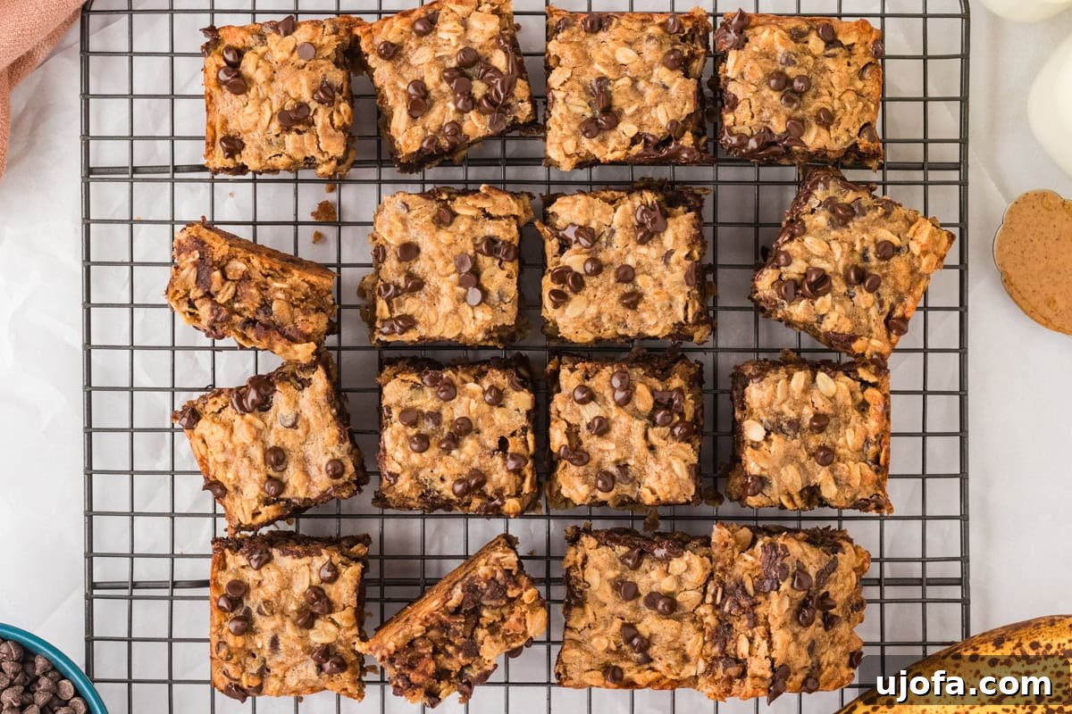 Golden Banana Oat Bars 14 Sliced banana oatmeal bars cooling on a wire rack, featuring a textured surface with oats and chocolate chips visible.