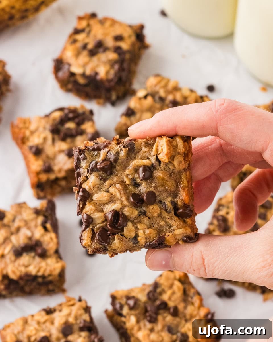 Golden Banana Oat Bars 16 A hand holding a single banana oatmeal bar with visible chocolate chips and oats, showing the soft and chewy texture of the bar.