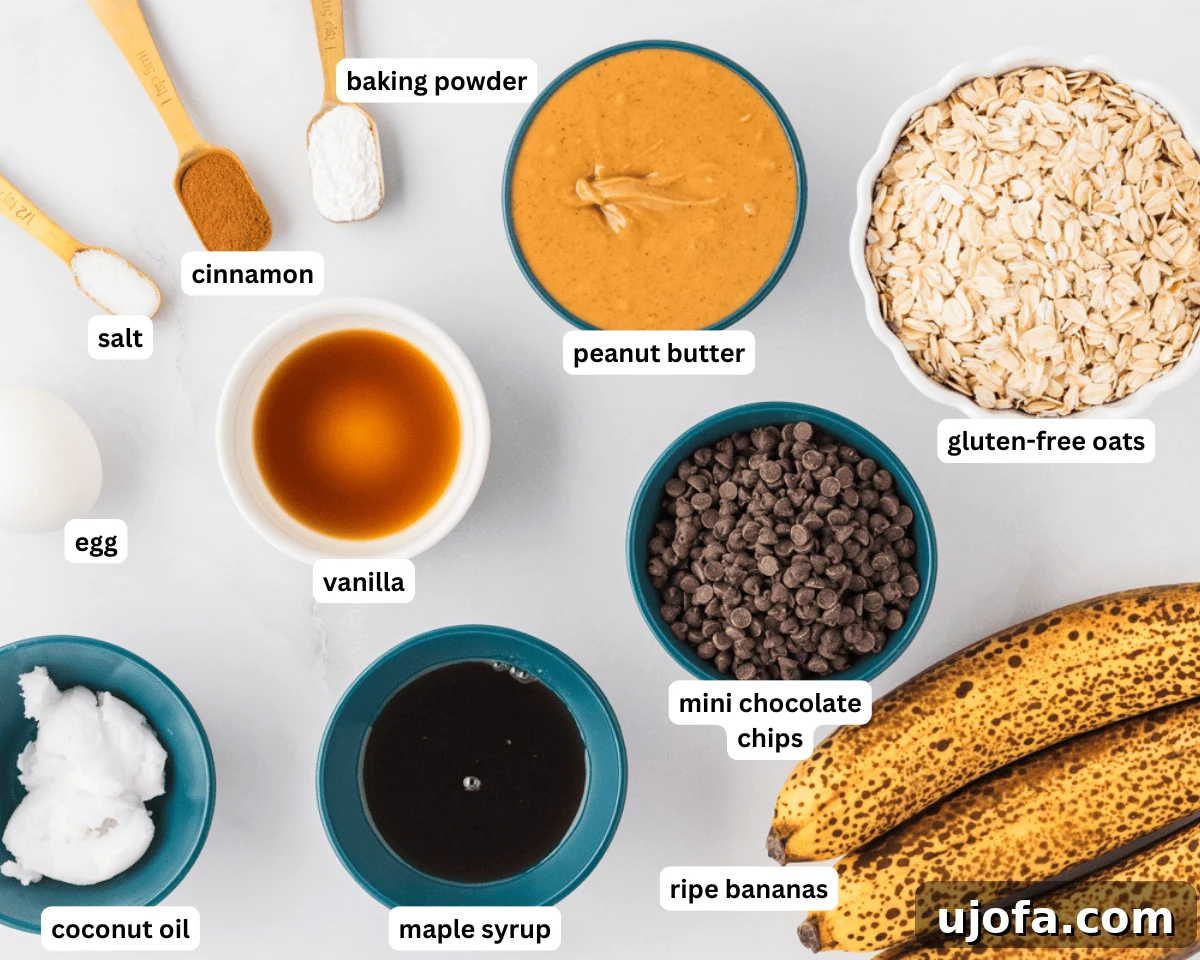 Golden Banana Oat Bars 4 A collection of ingredients for banana oatmeal bars, including ripe bananas, rolled oats, peanut butter, maple syrup, and chocolate chips.