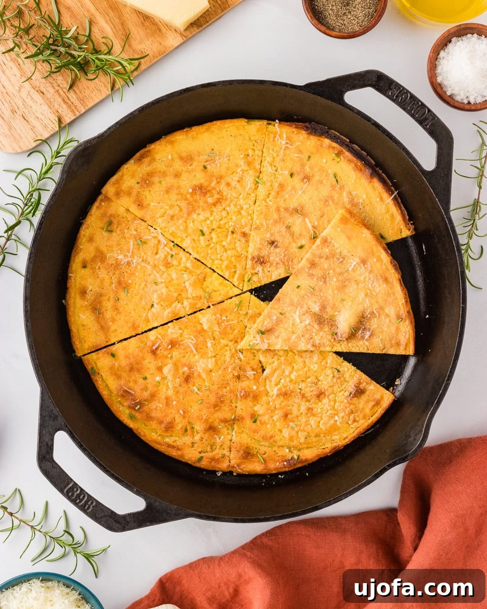 Golden Socca Chickpea Flatbread 2 A golden-brown socca flatbread baked in a cast iron skillet, cut into triangular slices, garnished with fresh rosemary and grated cheese.