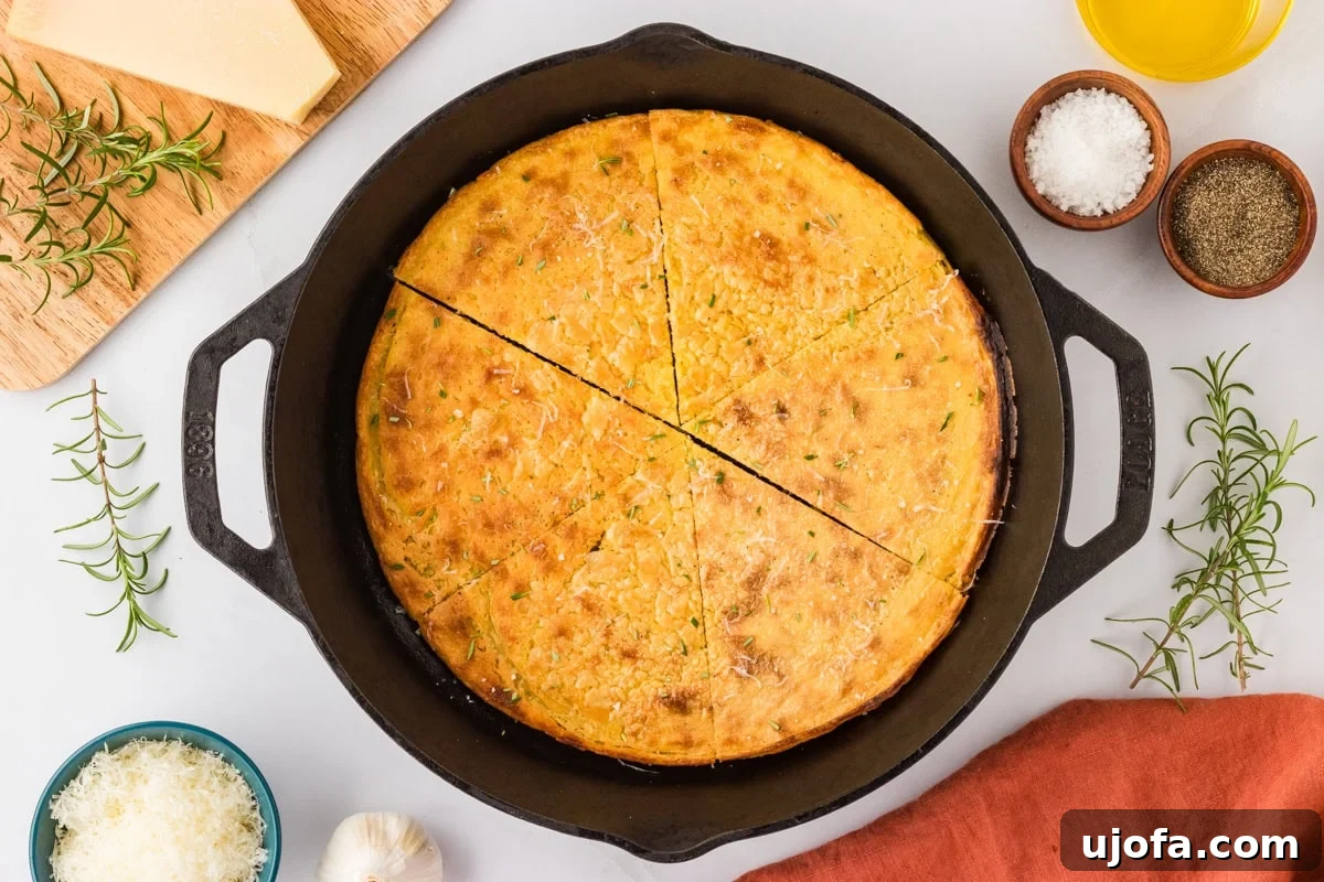 Golden Socca Chickpea Flatbread 12 A golden-brown socca flatbread, sliced into triangles in a cast iron skillet, garnished with rosemary and Parmesan cheese, surrounded by fresh rosemary sprigs, grated cheese, salt, pepper, and a wedge of Parmesan.