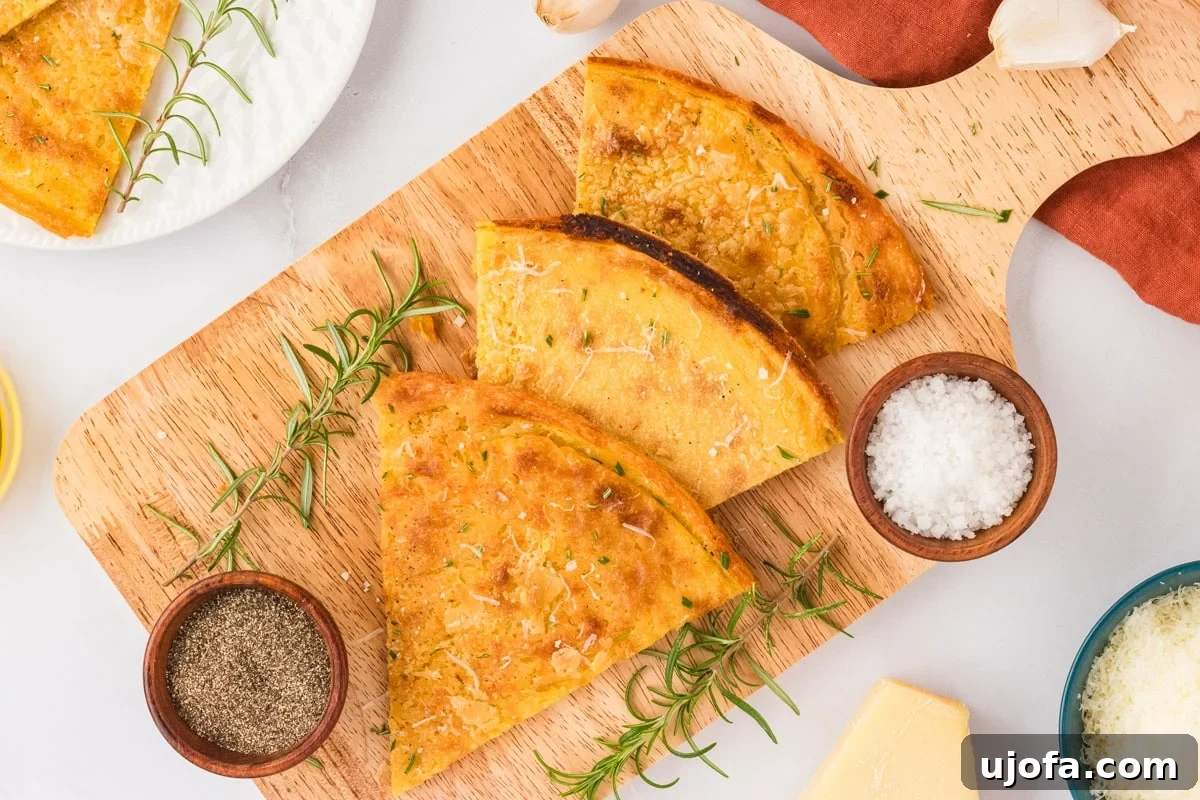 Golden Socca Chickpea Flatbread 13 Triangular slices of socca flatbread arranged on a wooden cutting board, garnished with rosemary, salt, and pepper, with Parmesan and garlic nearby for serving.