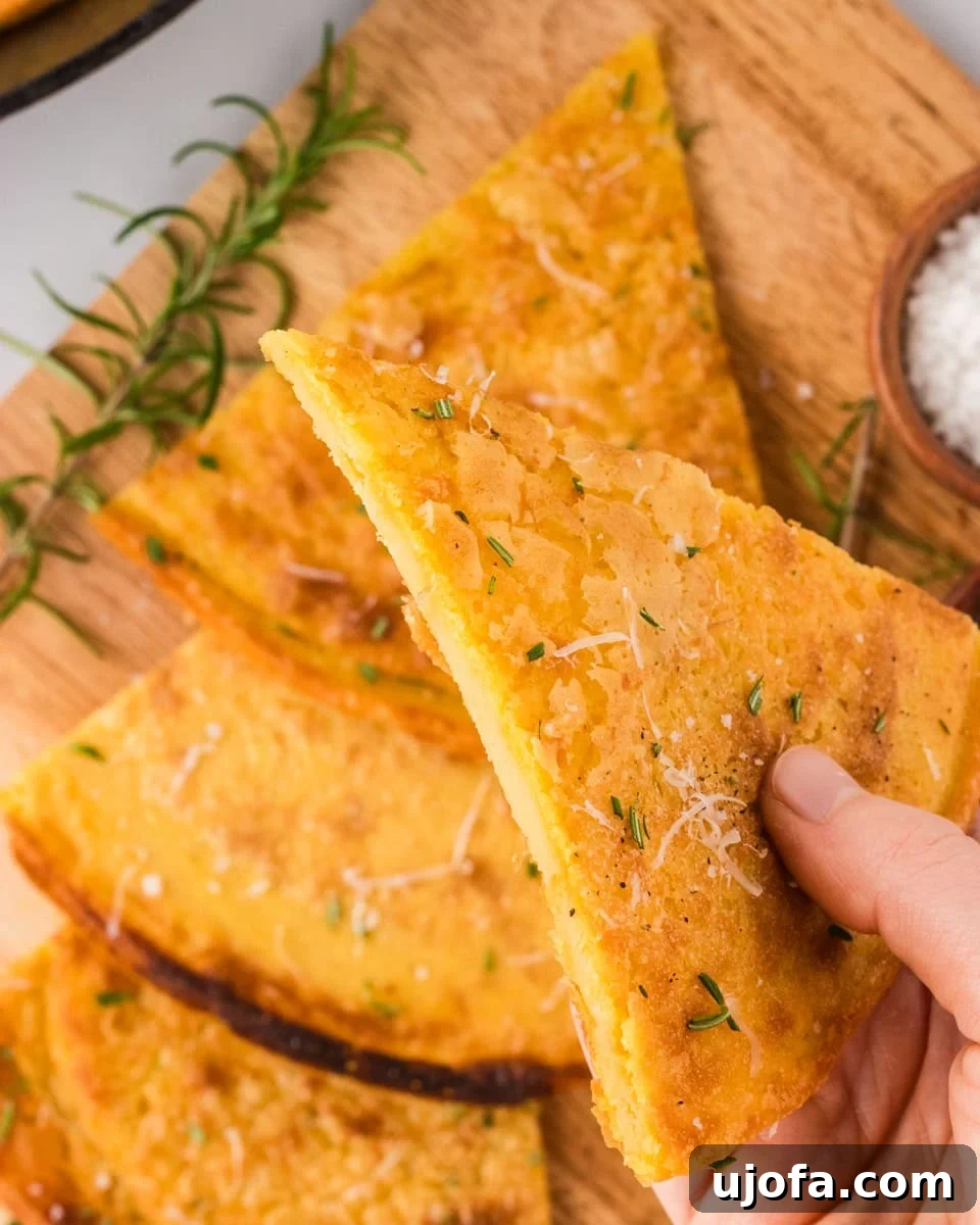 Golden Socca Chickpea Flatbread 14 A close-up of a slice of socca flatbread, showcasing its crisp edges and soft interior, sprinkled with rosemary and cheese.