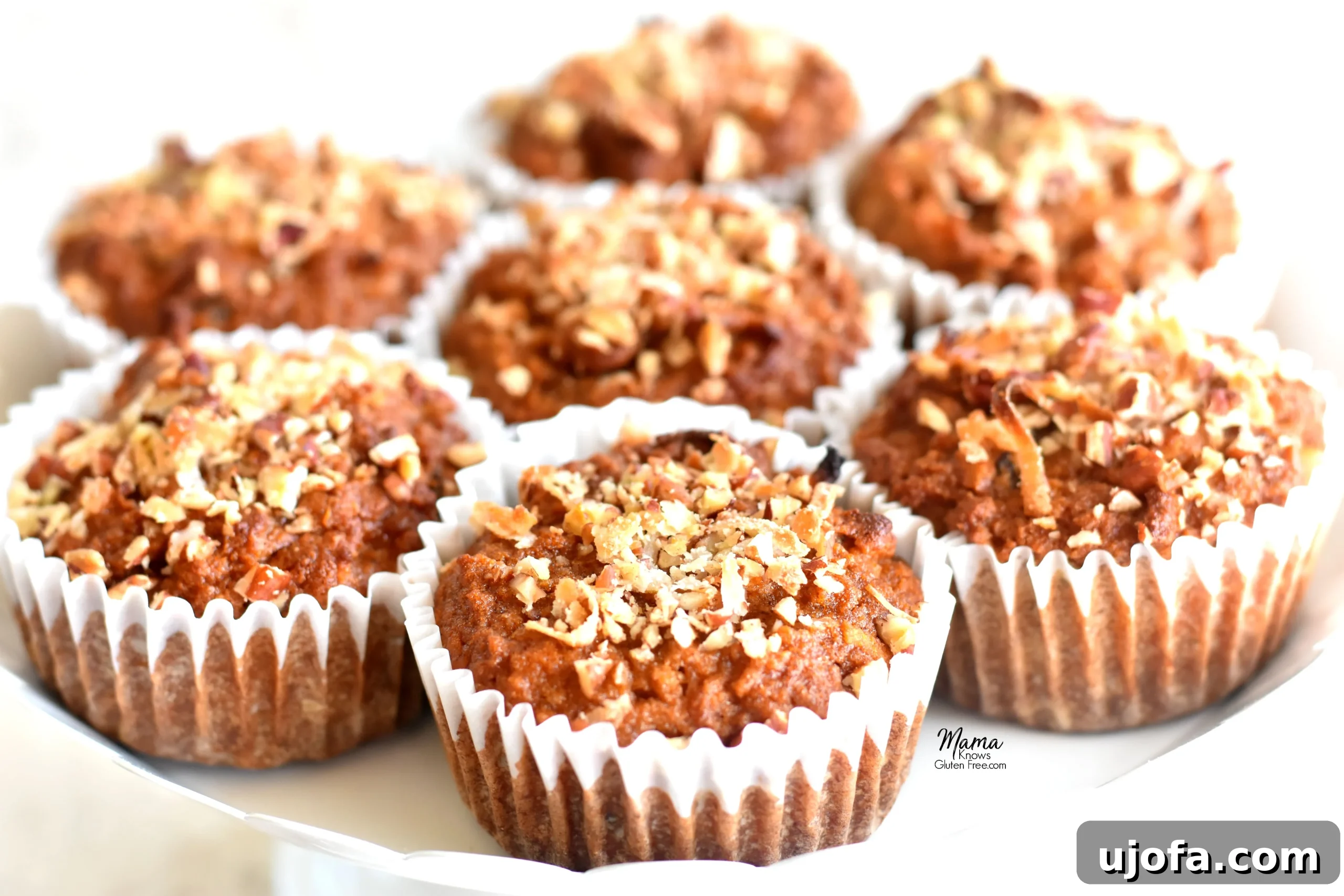 Wholesome Paleo Carrot Cake Muffins 3 Seven beautifully golden-brown Paleo carrot cake muffins arranged on a charming white cake stand, highlighting their appetizing appearance and readiness to be enjoyed.