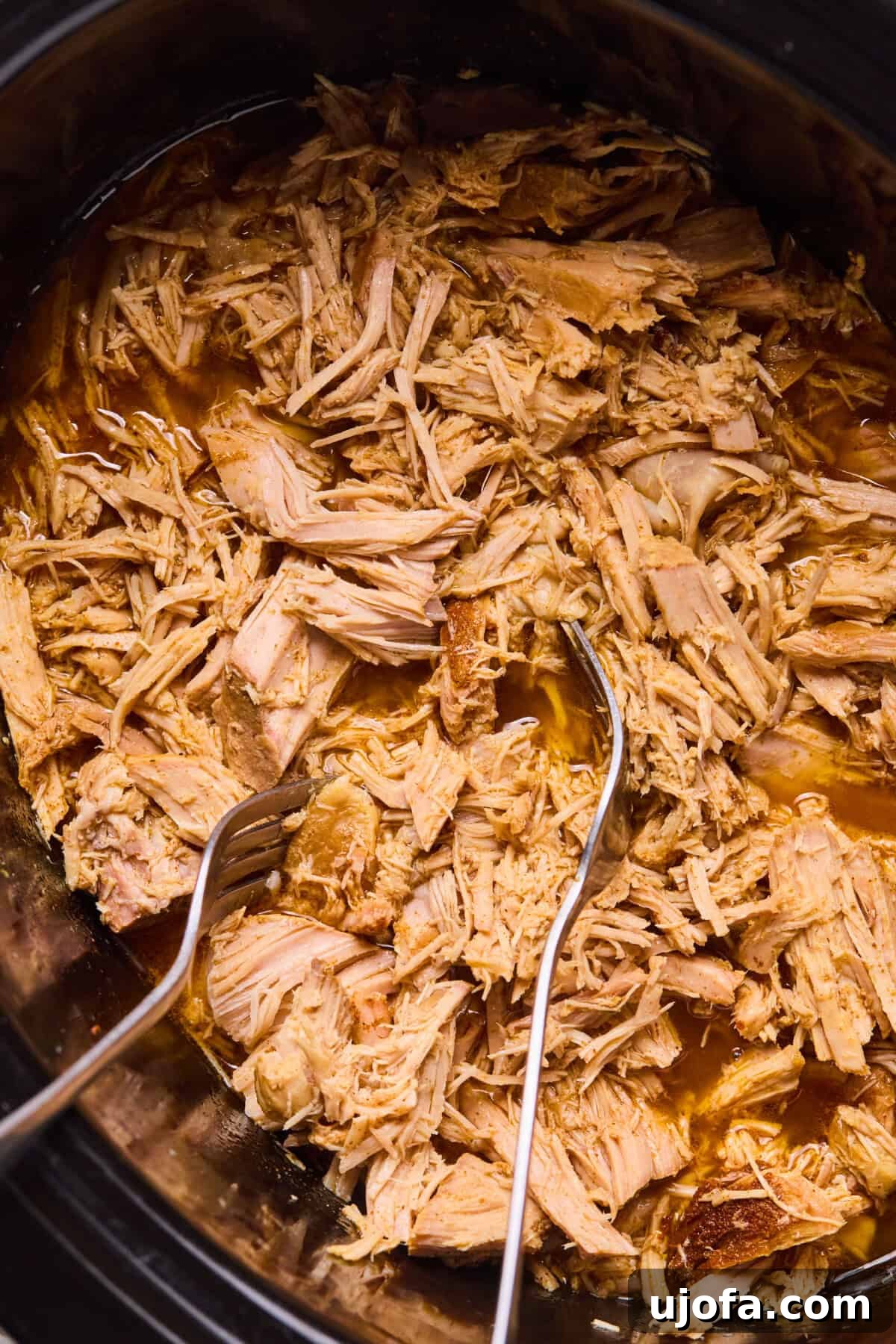 Tender, shredded pork carnitas resting in the slow cooker, soaking up the flavorful juices before being transferred to a baking sheet for broiling
