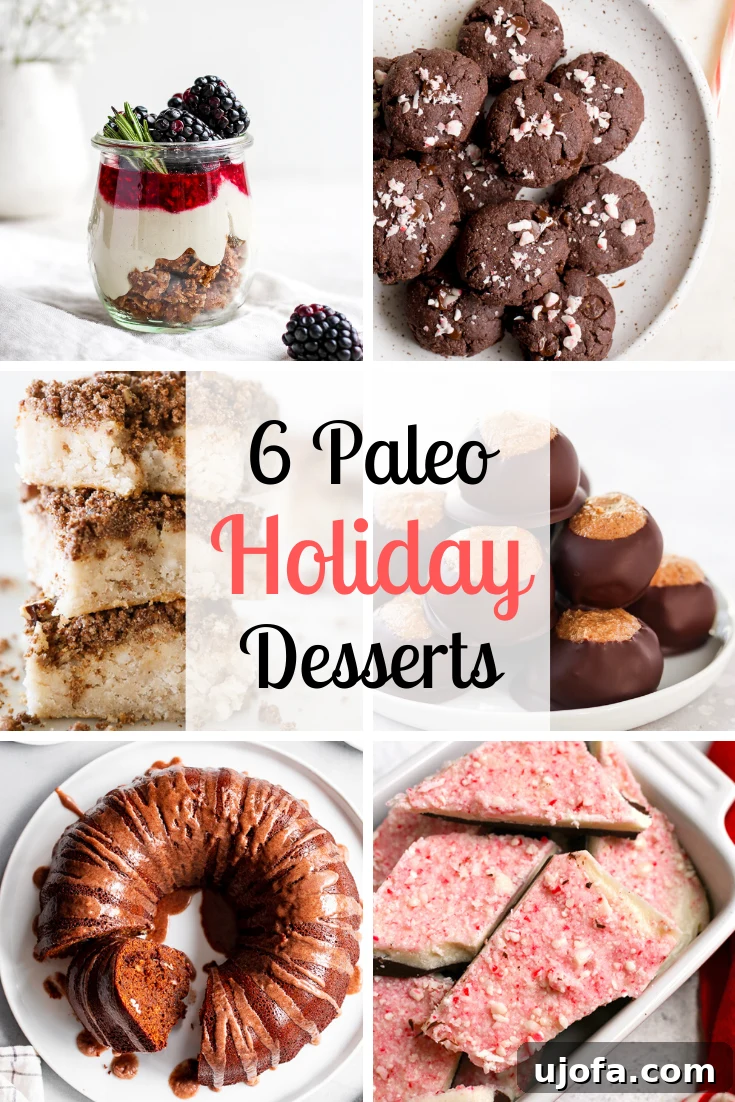 A selection of paleo holiday desserts, including various cookies, cakes, and treats, beautifully arranged.