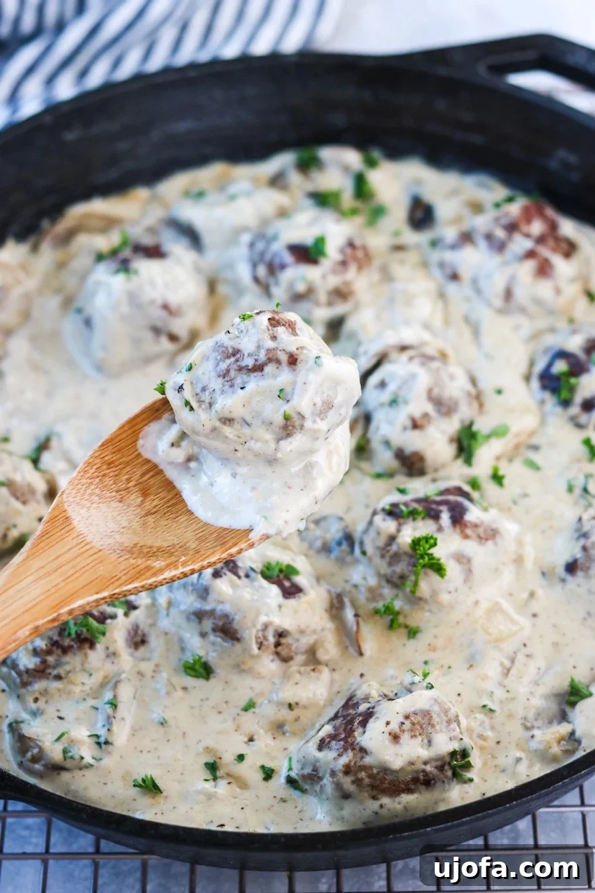 Delicious Whole30 Meatball Stroganoff served in a bowl, with a rich, creamy sauce and fresh parsley garnish.