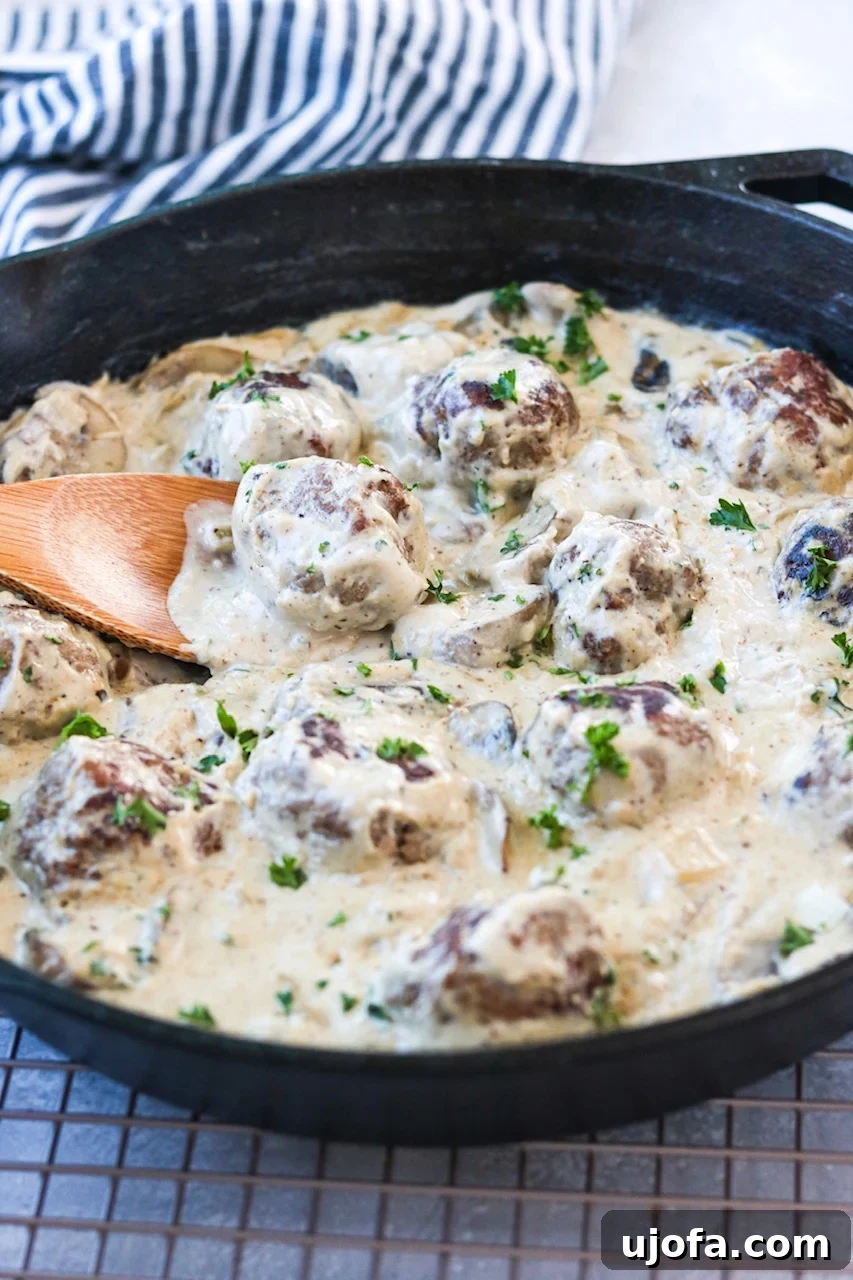 A serving of Whole30 Meatball Stroganoff in a white bowl, garnished with fresh herbs, ready to be enjoyed.