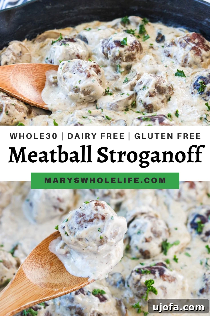 Whole30 Meatball Stroganoff in a skillet, ready to be served, with a spoon for scooping.