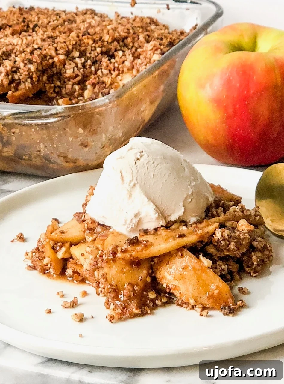 Muhteşem Paleo Şükran Günü Sofrası İçin Her Şey 13 A warm, golden-brown Paleo Apple Crisp in a rustic pie dish, with a crunchy nut-based topping and tender baked apples visible underneath, ready to be scooped.