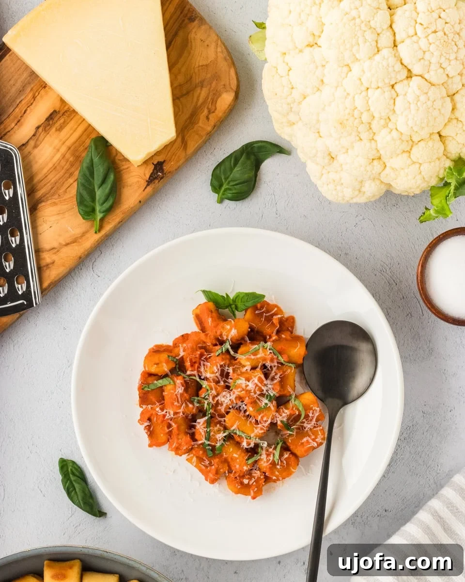A beautifully arranged white plate showcasing golden brown cauliflower gnocchi, generously coated in a vibrant tomato sauce. The dish is elegantly garnished with fresh basil leaves and a sprinkle of grated cheese. A black spoon rests casually on the plate, surrounded by complementary ingredients such as a block of Parmesan, fresh basil sprigs, and a pristine head of cauliflower, artfully placed on a rustic wooden surface.