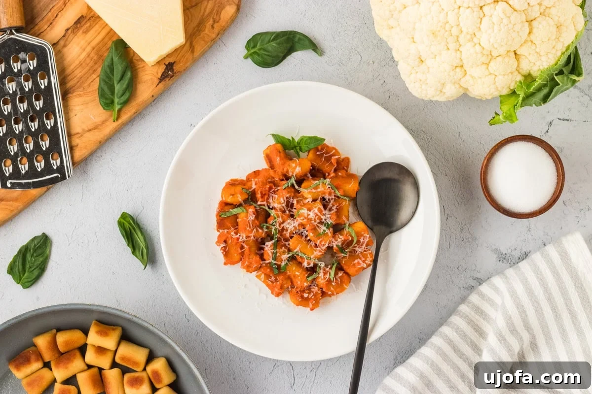A white ceramic plate generously piled with golden, crispy cauliflower gnocchi, bathed in a rich, vibrant tomato sauce, and beautifully garnished with fresh basil leaves and a sprinkle of grated Parmesan cheese. Ingredients like cauliflower florets, a block of Parmesan, and basil sprigs are artfully arranged around the plate on a dark wooden surface, completing the appealing culinary tableau.