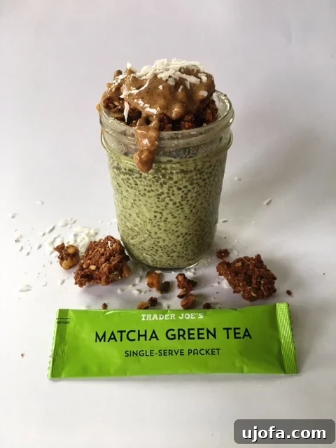 Vibrant green matcha chia pudding in a mason jar, ready for breakfast or snack