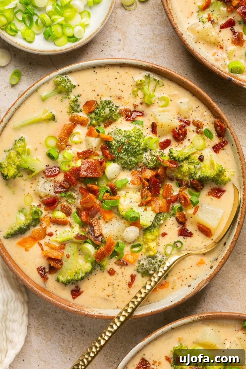 An overhead shot of a steaming bowl of Dairy-Free Loaded Potato Soup, garnished with crispy bacon and fresh green onions.