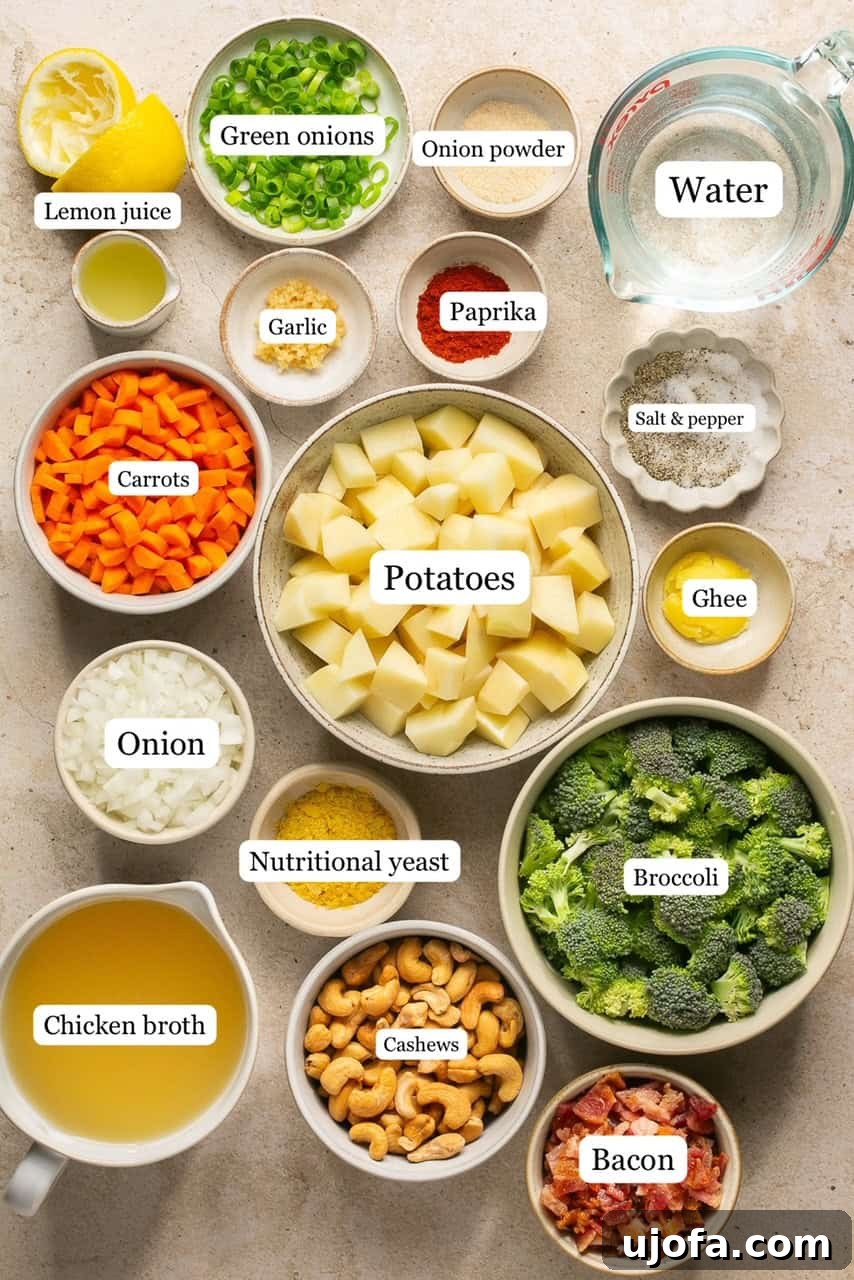 Individual bowls displaying the fresh ingredients for the loaded potato soup recipe, neatly labeled for easy identification.
