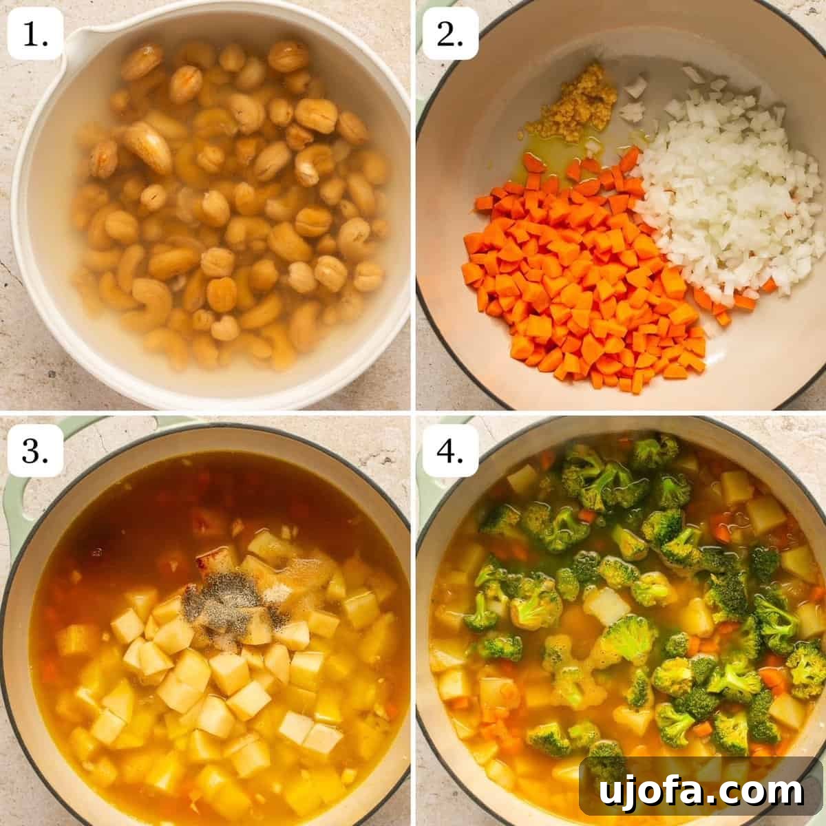 A series of numbered step-by-step photos illustrating the initial stages of preparing the dairy-free loaded potato soup.